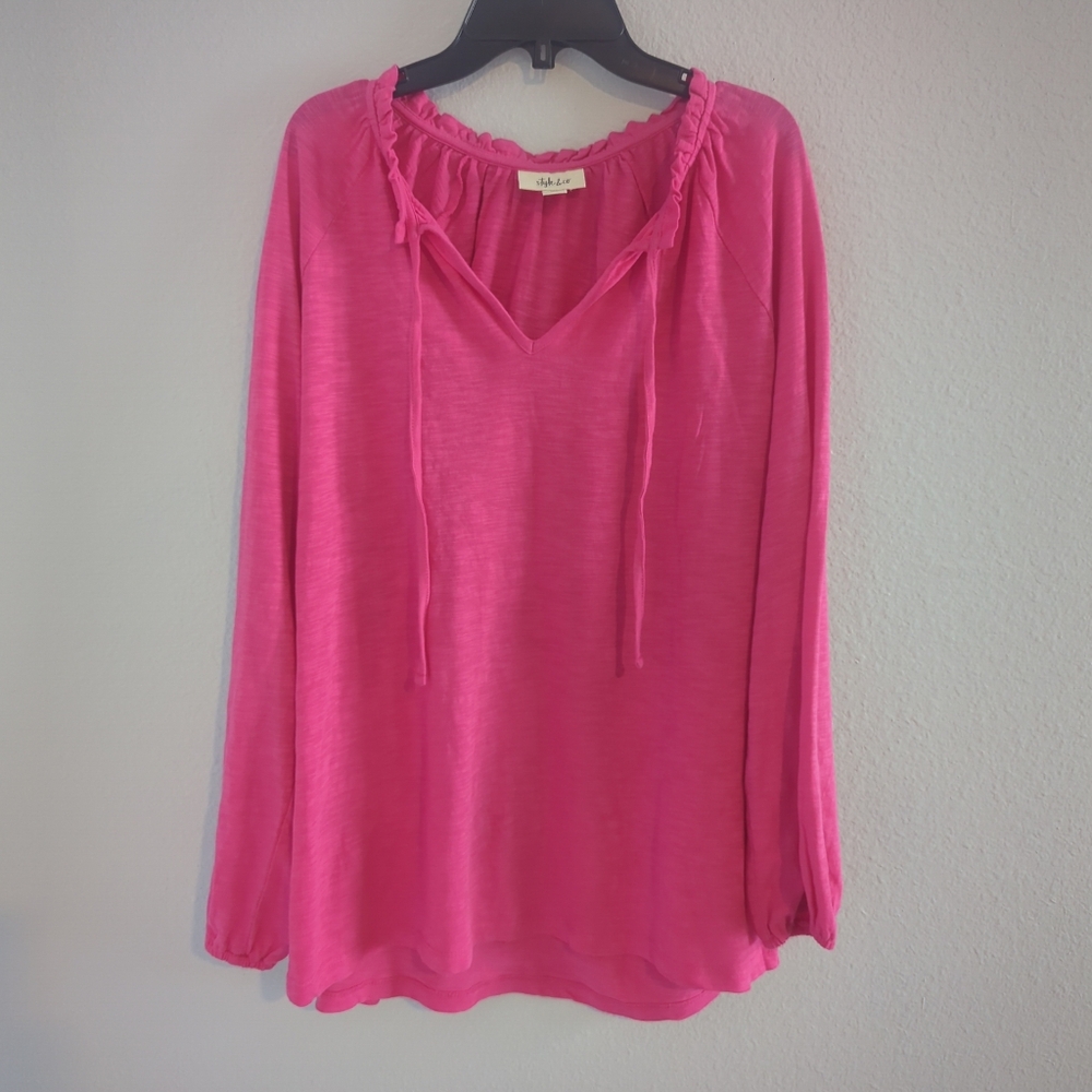 Style & Co Blouse Pink Long-Sleeve Boho Barbie Barbiecore Women's Size X-Large